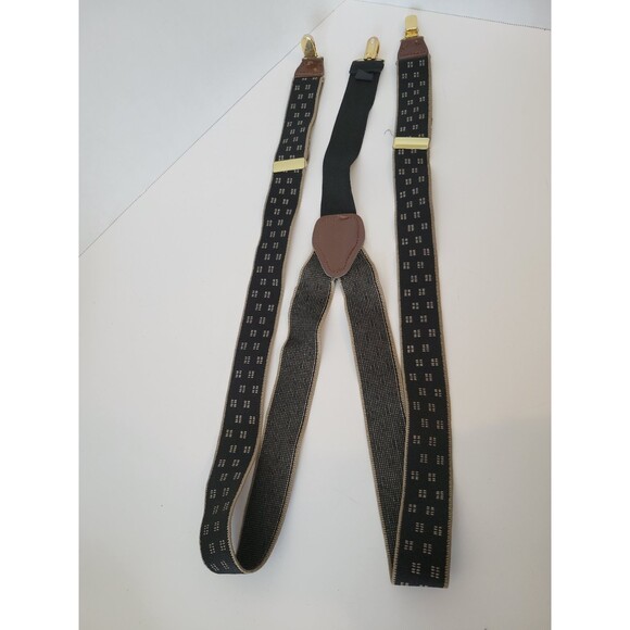 Unbranded Other - Men's Black Clip-On Suspenders Adjustable Elastic Brown‎ Leather Accents